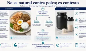 La proteína en polvo sirve como apoyo práctico para alcanzar tu cuota diaria, especialmente si la comida no es suficiente o no tienes tiempo.