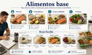 Hombre planificando dieta con alimentos ricos en proteína como pollo, salmón y huevos, esenciales para la leucina.