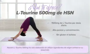Mujer en postura de yoga. L-Taurina 500mg de HSN: 1500mg diarios, alta pureza, sin gluten ni lactosa. Descubre sus beneficios.