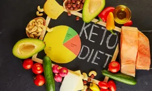 Ingredientes para una dieta keto: aguacate, salmón, queso, frutos secos, verduras y aceite.