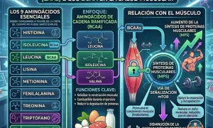 Infografía explica qué es BCAA, aminoácidos esenciales para la salud muscular, su relación con la síntesis de proteínas y el crecimiento.