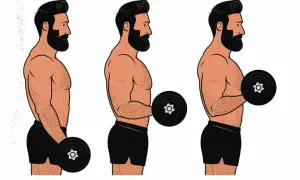 Ilustración de un hombre realizando ejercicios de empuje con mancuernas, mostrando la progresión del movimiento para fortalecer bíceps.