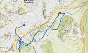 Mapa de Santiago de Compostela con ruta marcada. Un recorrido para el camino de Santiago corriendo, pasando por O Ensanche y Monte Gaiás.