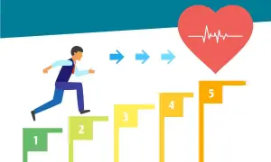 Hombre subiendo escaleras numeradas, simbolizando los beneficios de subir escaleras para la salud del corazón.