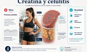 Mujer atlética con batido. Ilustración explica que la creatina no causa celulitis, sino que mejora el músculo y la función.