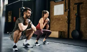 Pareja realiza sentadillas con kettlebell, parte de sus ejercicios para corredores, fortaleciendo piernas y core en el gimnasio.