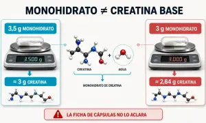 Comparación de la fase de carga de creatina: 3.5g de monohidrato dan ~3g de creatina, mientras que 3g de monohidrato dan ~2.64g.