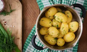 Patatas cocidas con eneldo en una olla. ¿Cuánto engorda la patata cocida? Depende de cómo la prepares.