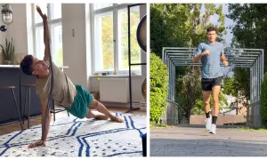 Hombre haciendo ejercicio en casa y corriendo al aire libre. Su rutina incluye un estiramiento lateral y un trote cochinero para mantenerse en forma.