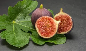 Dos higos frescos, uno entero y otro cortado por la mitad, reposan sobre hojas verdes. ¡Qué jugosos se ven, dan ganas de comerlos y que los higos engordan!