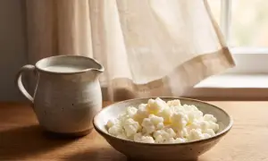 Granos de kéfir en un cuenco y jarra de leche junto a la ventana. ¿Cuánto kéfir se puede tomar al día?