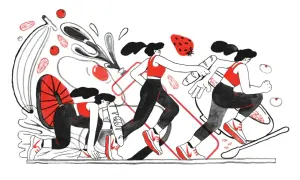 Ilustración de mujeres corriendo, con elementos de comida como plátanos y fresas, representando la dieta running.