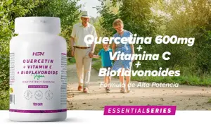 Un frasco de HSN Quercetina + Vitamina C + Bioflavonoides, con una familia paseando. Los bioflavonoides son compuestos vegetales beneficiosos.