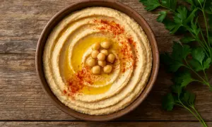 Un cremoso hummus en un cuenco de barro, decorado con garbanzos, aceite de oliva y pimentón. ¡Cuidado, el hummus engorda si te excedes!