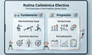 Rutina calistenia: Fundamento (movimientos base, dominio técnico) y Progresión (variaciones, periodización).