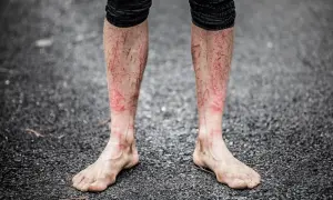 Piernas de corredor con rasguños y enrojecimiento, evidencia de la dureza del Barkley Marathon.