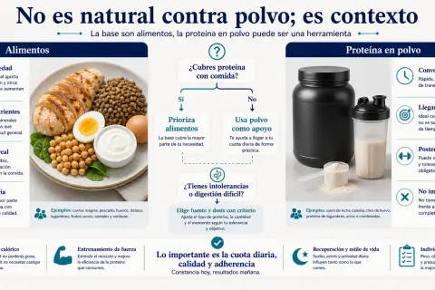 La proteína en polvo sirve como apoyo práctico para alcanzar tu cuota diaria, especialmente si la comida no es suficiente o no tienes tiempo.