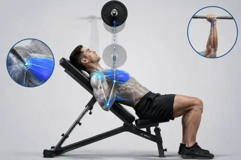Hombre haciendo press inclinado con barra, destacando la activación del pectoral superior.