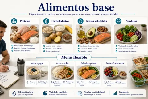 Hombre planificando dieta con alimentos ricos en proteína como pollo, salmón y huevos, esenciales para la leucina.