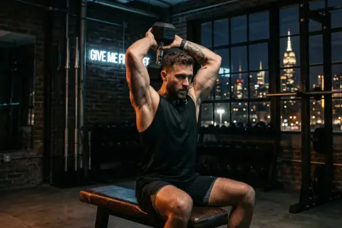 Hombre realizando ejercicio de tríceps con mancuerna en un gimnasio con vista a la ciudad.