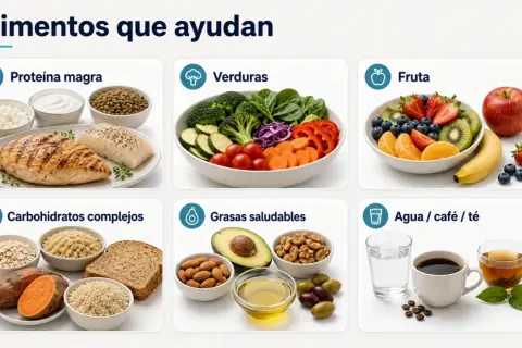 Proteína magra, verduras, fruta, carbohidratos complejos, grasas saludables y agua son alimentos para perder peso.