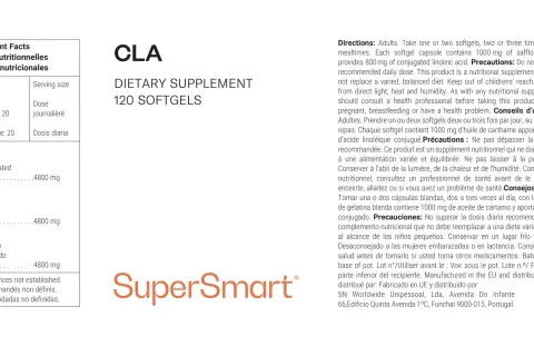 CLA: suplemento dietético de 120 cápsulas blandas. Para saber cla cuando tomar, lee las instrucciones: adultos, 1-2 cápsulas con las comidas.