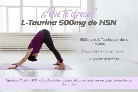 Mujer en postura de yoga. L-Taurina 500mg de HSN: 1500mg diarios, alta pureza, sin gluten ni lactosa. Descubre sus beneficios.