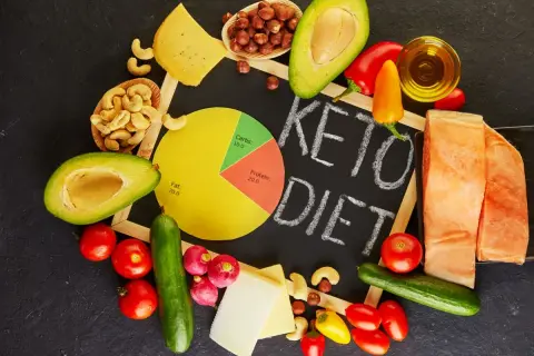 Ingredientes para una dieta keto: aguacate, salmón, queso, frutos secos, verduras y aceite.