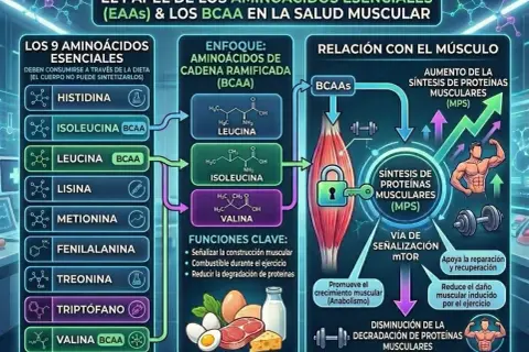 Infografía explica qué es BCAA, aminoácidos esenciales para la salud muscular, su relación con la síntesis de proteínas y el crecimiento.