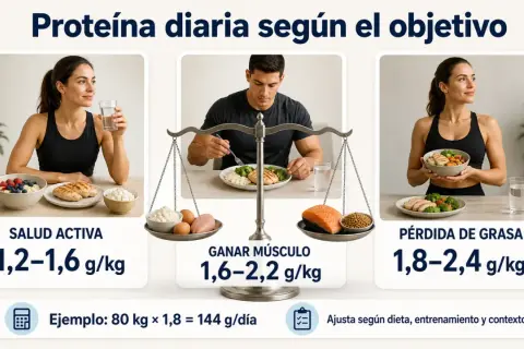 Guía visual sobre cómo tomar proteína según tu objetivo: salud activa, ganar músculo o pérdida de grasa, con ejemplos de ingesta diaria.