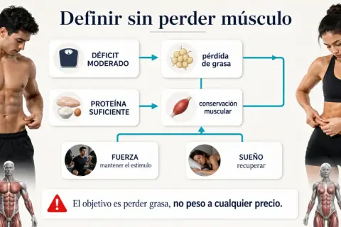 Diagrama de una dieta para definir: déficit moderado, proteína suficiente, fuerza y sueño para perder grasa sin perder músculo.
