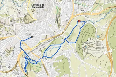 Mapa de Santiago de Compostela con ruta marcada. Un recorrido para el camino de Santiago corriendo, pasando por O Ensanche y Monte Gaiás.