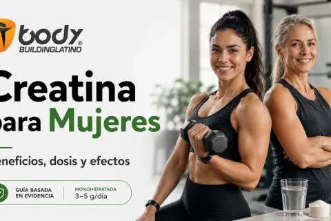 Dos mujeres fuertes y sonrientes, una con mancuerna. La imagen habla sobre creatina para mujeres, beneficios y dosis. ¿Cuánto tiempo tomar creatina? Descúbrelo.
