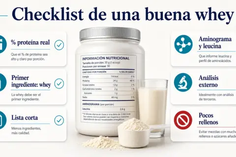 Checklist para elegir whey protein: alto % proteína, primer ingrediente whey, pocos rellenos, análisis externo y aminograma con leucina.