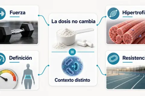 La creatina sirve para fuerza, hipertrofia, resistencia y definición. La dosis no cambia, el contexto sí.