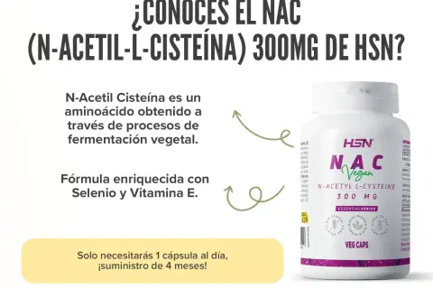 Descubre el NAC de HSN: N-Acetil L-Cisteína 300mg, vegano, con Selenio y Vitamina E. Conoce sus propiedades y contraindicaciones.
