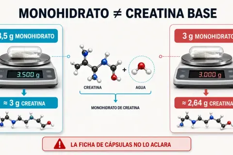 Comparación de la fase de carga de creatina: 3.5g de monohidrato dan ~3g de creatina, mientras que 3g de monohidrato dan ~2.64g.