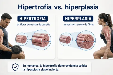 Hombre levanta pesas (hipertrofia: fibras aumentan tamaño) y mujer hace sentadilla (hiperplasia: aumenta número de fibras). En humanos, hipertrofia es sólida, hiperplasia incierta.