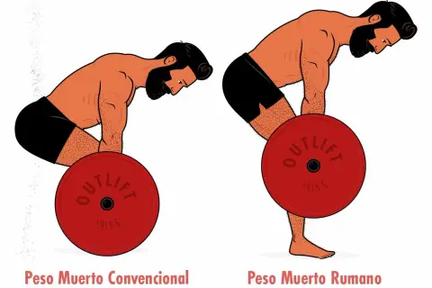 Ilustración comparativa de dos ejercicios con barra: peso muerto convencional y peso muerto rumano.