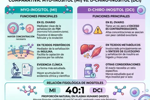 Comparativa de inositol: el DCI en exceso tiene contraindicaciones, afectando la calidad ovocitaria. El MI es más estudiado.
