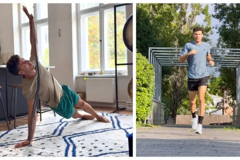 Hombre haciendo ejercicio en casa y corriendo al aire libre. Su rutina incluye un estiramiento lateral y un trote cochinero para mantenerse en forma.