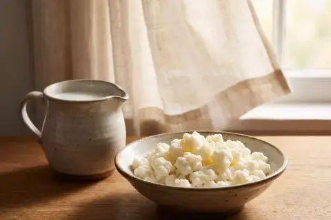 Granos de kéfir en un cuenco y jarra de leche junto a la ventana. ¿Cuánto kéfir se puede tomar al día?