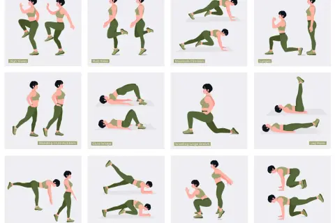 Rutina de ejercicios tren inferior: high knees, butt kicks, mountain climbers, lunges, glute bridge, donkey kicks y más.
