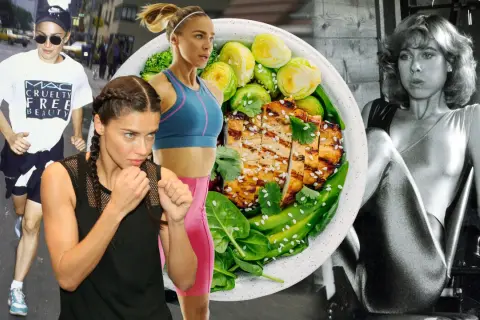 Mujeres activas y un plato de comida saludable. Un recordatorio de cuándo comer fruta y mantener un estilo de vida activo.