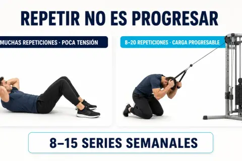 Hombre haciendo abdominales y otro con polea alta. Mejora tu rutina abdomen gym con carga progresable.
