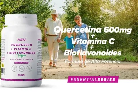 Un frasco de HSN Quercetina + Vitamina C + Bioflavonoides, con una familia paseando. Los bioflavonoides son compuestos vegetales beneficiosos.