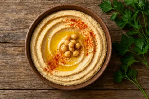 Un cremoso hummus en un cuenco de barro, decorado con garbanzos, aceite de oliva y pimentón. ¡Cuidado, el hummus engorda si te excedes!