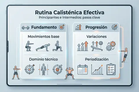 Rutina calistenia: Fundamento (movimientos base, dominio técnico) y Progresión (variaciones, periodización).