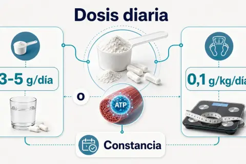 Infografía sobre cómo se toma la creatina: dosis diaria de 3-5 g o 0,1 g/kg, con agua y constancia para ATP muscular.