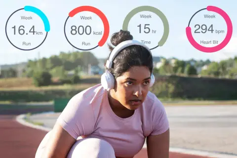 Mujer con auriculares en una pista de atletismo, con estadísticas de ejercicio: 16.4 km, 800 kcal, 15 horas y 294 bpm. ¡Controla tus calorías diarias!